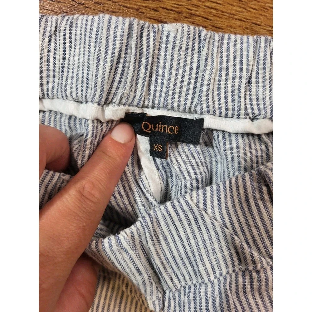 Quince Women XS 100% European Linen Pinstripe Elastic Waist Crop Pant Blue White